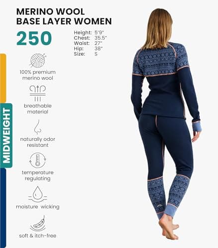 100% Merino Wool Base Layer Womens Set - Thermal Underwear Womens + Socks (Medium, 250 Nordic Tale Berry) — view 2
