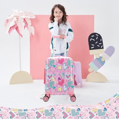 HTgroce 2 Pcs Children's Suitcase, Travel Suitcase for Children with Travel Pillow, Luggage Tag, Suitcase for Girls with Universal Wheels, A-pink Heart, M — view 4