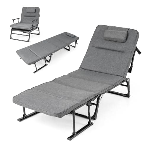 COSTWAY 3 in 1 Folding Camping Cot, Comfy Padded Convertible Single Sofa Chair with 6-Position Adjustable Backrest and Headrest, Heavy Duty Metal Chaise Lounge Sleeper Bed (185 x 60.5 x 38 cm)