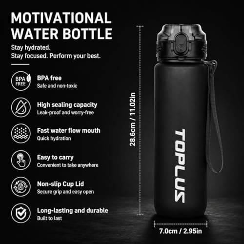 TOPLUS Sports Water Bottle 1L BPA-Free Tritan, Leakproof, Black — view 5