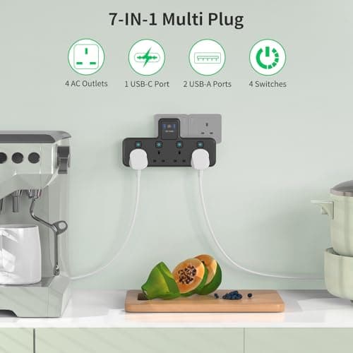 PASSUS Multi Plug Extension Socket 4 Way Plug Adapter with PD20W USB C Slot — view 2