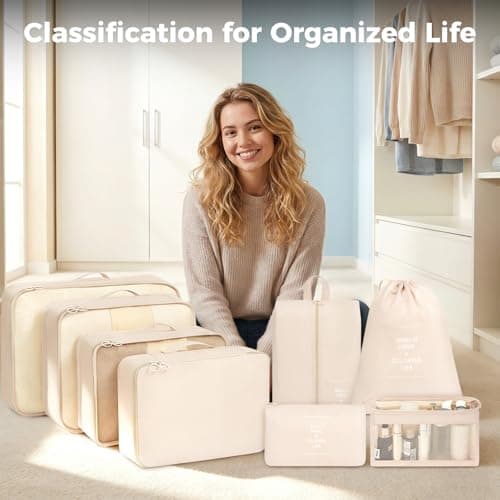 BAGAIL 8-Piece Packing Cubes Set, Travel Organizers with Breathable Mesh & Shoe Bag, Lightweight Nylon Packing Organisers for Luggage Suitcase, 9 Colors - Beige — view 2