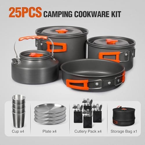 REDCAMP 23 PCS Camping Cookware Set for Family, Compact & Folding Backpacking Cookset for 4-5 Persons, Anodized Aluminum Lightweight Camping Pots and Pans Set — view 2