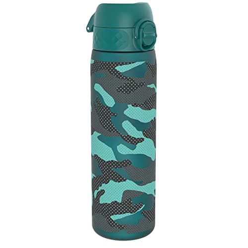 Ion8 Water Bottle, 500ml/18oz, Slim Leak Proof & BPA-Free Drinking Bottle, Secure Lock Prevents Spills, Dishwasher Safe, Carry Handle, Ideal for Adults & Kids - Travel, Gym & School, Aqua, Camo