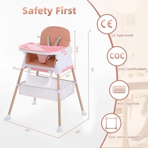 High Chairs for Babies and Toddlers, Adjustable Convertible 3 in 1 Baby High Chair, Portable Compact Baby Infant Feeding Chair Travel Highchair Booster for Toddler, from 6 Month to 3 Years Pink — view 2