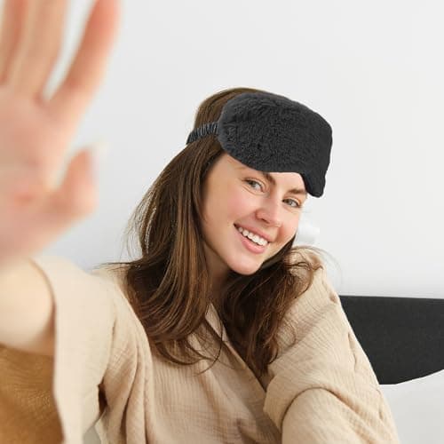 2 Pcs Plush Eye Mask Soft Sleeping Blindfold Eye Cover Comfortable Furry Faux Fur Sleeping Mask Satin Nap Night Eyeshade Cover for Women Men Gift (Black, Gray) — view 6