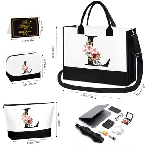 Birthday Gifts for Women - Initial Canvas Tote Bag & Makeup Bag, Personalized Gifts for Women,Personalized Present Bag,Custom Bags for Beach,Wedding,Birthday Gift for Mom Sister Friends (L) — view 6