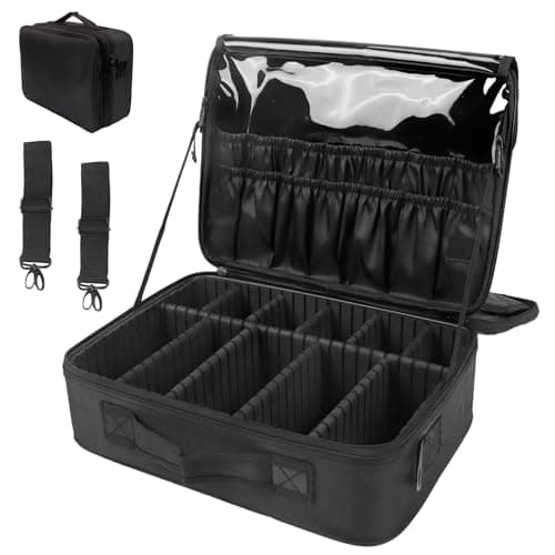 Makeup Bag Extra Large Travel Make Up Bag with Adjustable Compartment Professional Vanity Case Cosmetic Bags Makeup Organiser Bag Beauty Box Train Case Hairdressing Tools and Shoulder Strap, Black