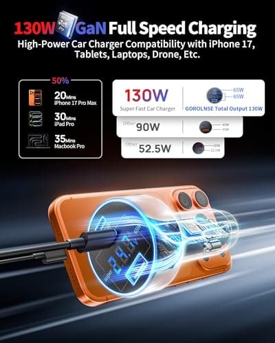 130W USB C Car Charger with Voltage Display, 3-Port Fast Cigarette Lighter — view 2