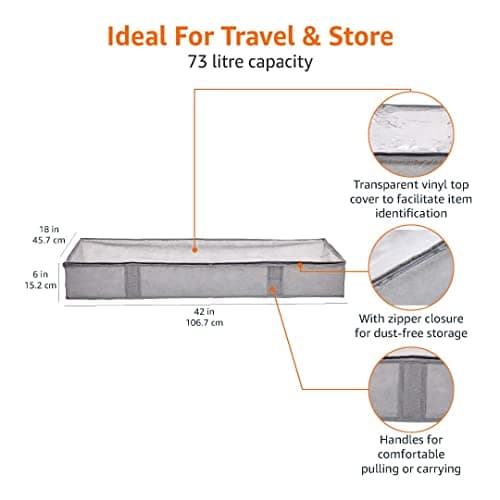 Amazon Basics Underbed Storage Bag with Zipper and Transparent Vinyl Top, 2-Pack, Grey, 45.7 x 106.7 x 15.2 cm — view 3