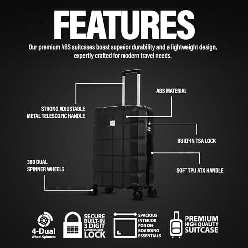 ATX Luggage Medium Suitcase on 4 Dual Spinner Wheels Super Lightweight ABS Hard Shell Hold Check in with Built-in TSA Lock (Black, 65Liters) — view 2