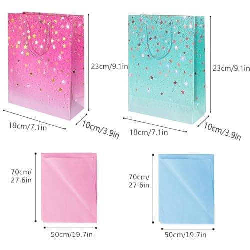 OMBRISA Gift Bags 2pcs with 2Tissue Paper, Small Size Present Bag, Birthday Gift Bag for Party Present, Wrapping Gift Bags with Handle for Men Women, Wedding, Baby Shower, Teacher’sDay (Blue, Pink) — view 2