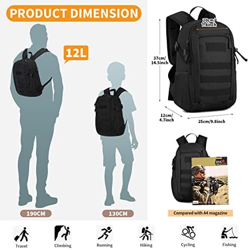 HUNTVP Small Backpack 10L 20L 30L, Tactical Military Molle Backpack Mini Rucksack, School Bag, Daypack Rucksacks for Men Women Boys Girls College, Travelling, Cycling, Hiking, Gym, Running, Outdoors — view 2