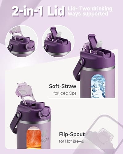 KANGZY Metal Water Bottle with Straw 1L/32oz – Vacuum Insulated Stainless Steel Flask, 2-in-1 Straw & Spout Lid, BPA-Free Leak-Proof Tumbler, Keeps Drinks Hot 8H+ / Cold 24H for Work, Travel Purple — view 2