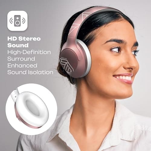 PowerLocus Bluetooth Headphones Over Ear, 50 Hours Playtime, 4 EQ Modes, Foldable Wireless Headphones with Microphone, HiFi Stereo, Lightweight & Wired Mode for Phone/Travel/PC (Rose Gold) — view 6