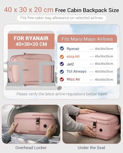 Kono Ryanair Cabin Bag 40x30x20, Underseat Travel Backpack, Pink — view 2