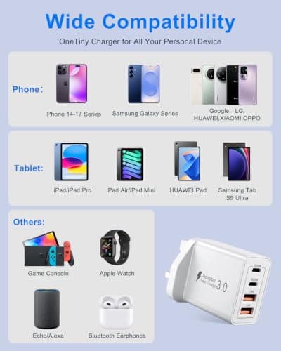 UK USB C Plug, 40W 4-Port Fast Charger Plug, Dual PD 20W+QC 3.0 Multiport USB C Wall Charger, TUV/CE/FCC/UL Certified Safe Type C Mains Charging Head for iPhone, Samsung, iPad, Watch, Macbook — view 6