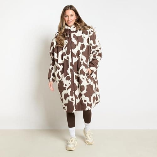OHS Women's Jackets Changing Robe, Cow Print Oversized Waterproof Jacket Fleece Lining Rain Coats for Women with Hood & Pockets Drying Robe Ladies Jackets for Outdoor Travel, Brown/Cream - S/M — view 2