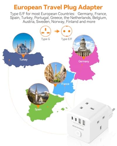 UK to EU Plug Adapter with 4 USB (2 USB-C), 3 Outlets with Switch, White — view 3