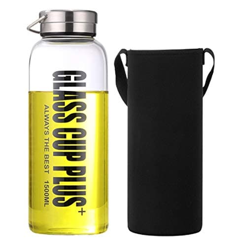jerbro 1.5L Borosilicate Glass Water Bottle with Filter Eco-Friendly Reusable for School Home Office Travel Sport Yoga Gym Outdoor Hot Cold Drinks + Carrying Sleeve - 1500 ml