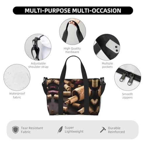 Wine Bottle Cork print Travel Duffel Bag,workout duffel bag, overnight shoulder Bag,Weekender Bag for Women Men, Black, One Size — view 5