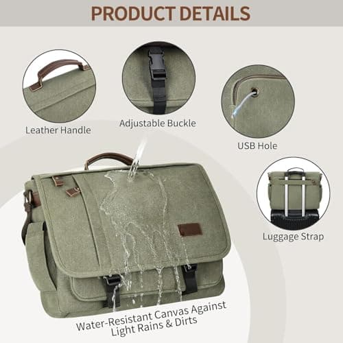 Estarer Messenger Bag 17.3 Inch Upgraded, Water-resistant Canvas Laptop Bag, Computer Shoulder Bag for College Travel Work,Army Green — view 5