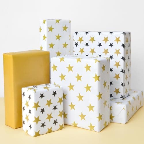 Isaspire Star Wrapping Paper Folder Set - 12 Sheets, 20x29 Inch Each, Adorned with Solid Gold, Black & Gold Star for Boys, Girls, Women, Men, Ideal Gift Wrap for Holiday Birthday Party