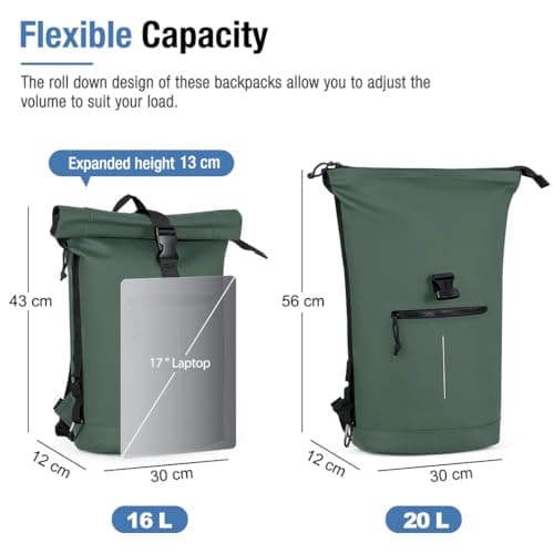 Lekeinchi 17-Inch Waterproof Laptop Backpack for Men and Women - Roll Top Design for School, Travel, Business, Work, and Camping(Green) — view 3
