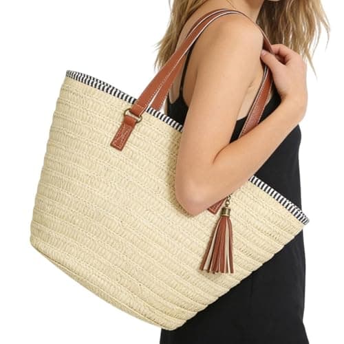 Pahajim Large Tote Bag with Zip Beach Bags for Women Straw Handbag Hand Woven Shoulder Bag for Travel, Holidays and Shopping — view 2