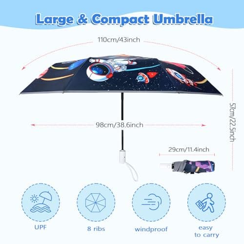 Decalsweet Kids Travel Folding Umbrella,Strong Windproof Automatic Compact Umbrella with Reflective Strips,UV Protection Sun Umbrella for Boys Girls-Astronaut Planet — view 5