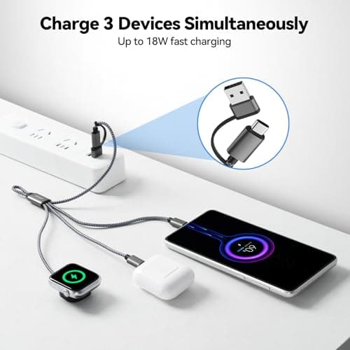 aceyoon 3 in 2 Multi USB C Cable Type C/USB A to Lighting, Type C/USB A to C Multi Charging Cable for Apple Watch Charger and iPhone 23.5 cm, for iWatch 10 9 8, for iPhone 17 16 15 13 12 Pro Max — view 3