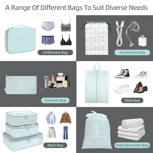 12Pcs Packing Travel Cubes for Suitcase Luggage Organizers with 5 Drawstring Bags,Suitcase Organiser Bag with Waterproof Shoe Storage Bag Compression Pouches Blue — view 4