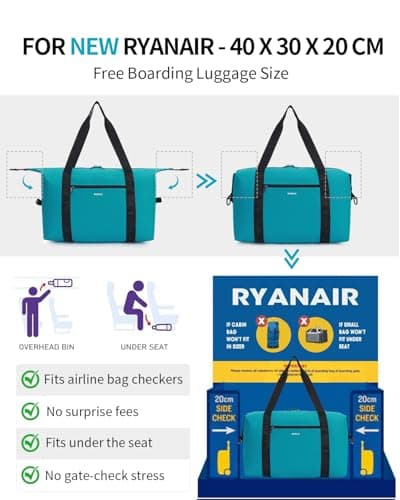 ECOHUB for Ryanair Cabin Bags 40x30x20, 2Pcs Foldable Underseat Holdall Carry On Bag, Anti-Tear Lightweight Travel Duffel Bag, Water-Resistant Overnight Weekend Bag for Women & Men, 24L-Bluegreen — view 2