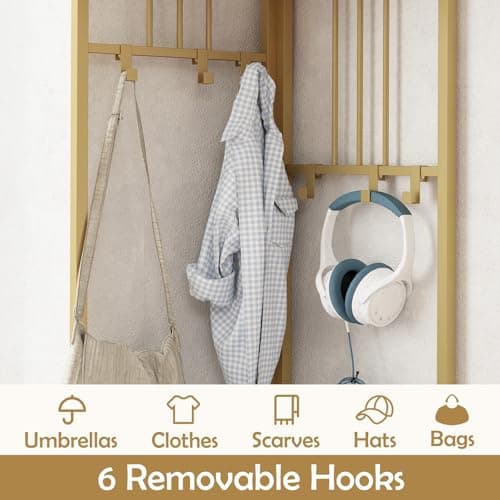 COSTWAY Corner Coat Rack Stand, 4-Tier Freestanding Hall Tree with Shoe Bench, Storage Shelves & 6 Hooks, Metal Frame Garment Rack Clothes Hanger Organiser for Hallway Bedroom (White + Gold) — view 4