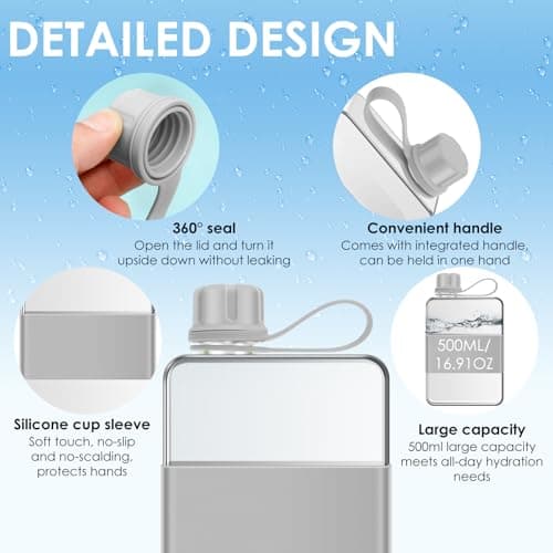 YUEKUNTJ 2Pcs 500ml Leak Proof Slim Water Bottle, Portable Flat Water Bottle Flask, Plastic Drinking Flask for Travel, with Handle for Outdoor Fitness Sport Cycling Work School(gray pink) — view 6