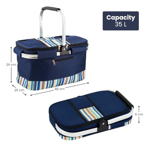 HOMESHOPA 35 Litre Insulated Picnic Basket With Lid, Blue Multi Stripe Foldable Thermal Cooler Bag Hard Liner, Upright Standing Box for Outdoor Camping, Travel, Portable & Collapsible Shopping Hamper — view 2