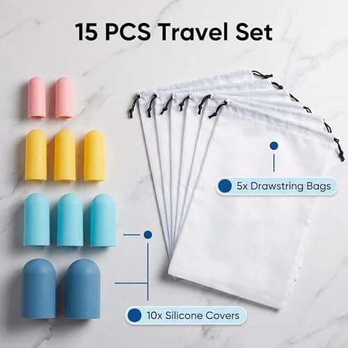 Bekecidi 15-Piece Travel Essentials Bundle: 5-Pack Waterproof Drawstring Shoe Bags (15.7 x 11.8 inches) & 10-Pack Leak-Proof Silicone Bottle Covers for Beach Vacation, Cruise Ship, and Airplane Travel — view 3