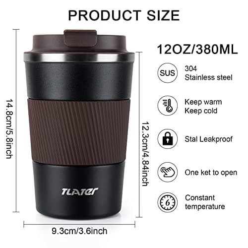 Tlater 380ml Insulated Coffee Cup Travel Mug with Leakproof Lids - Double Walled Vacuum Stainless Steel Travel Coffee Mug for Hot & Cold Drinks — view 5
