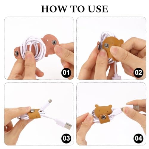 KEUKORZ 8Pcs Cute Animal Shaped Cord Organizers, PU Leather Cable Straps Clips Winders in Bear and Bull Designs for Earphones and Charging Cables Home Office — view 3