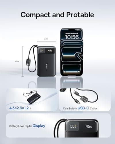 Baseus FC11 Power Bank 45W 20000mAh Portable Charger with Dual Built-in Cable, CCC Small Power Bank With Smart Display, Retractable Cable, Battery Pack for iPhone 17/16, iPad, Laptop, Samsung, Pixel — view 2