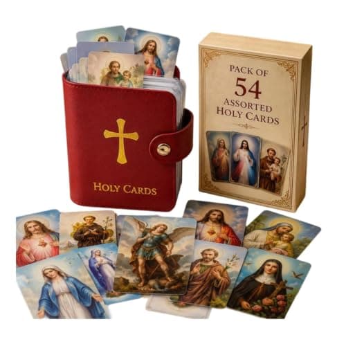 Catholic Faux Leather Holy Card Holder, Pocket Prayer Card with 54 Holy Cards,PU Portable Organizer with Snap Closure for Sacred Heart,Portable Storage Booklet for Cards Medals Tokens Gifts(Red)