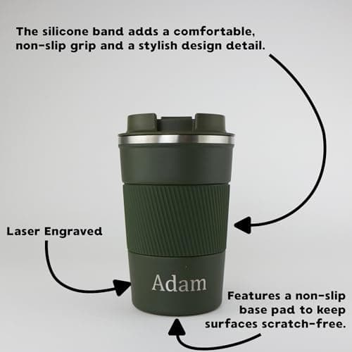 cribstar Personalised Engraved Insulated Travel Mug | Stainless Steel Tumbler | Double-Walled Tea/Coffee Cup | Leak-Proof & Reusable | Keeps Hot 12h / Cold 24h | Thermal Mug (Khaki, 380ml) — view 2