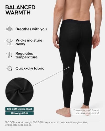 DANISH ENDURANCE Merino Wool Thermal Leggings Men, Midweight 180 GSM, Black, L — view 2