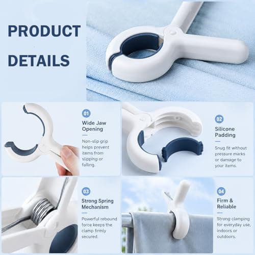 10 Pack Beach Towel Clips for Sun Loungers, Heavy Duty Clothes Pegs for Washing Line, Large Windproof Laundry Pegs, Non-Slip Sunbed Clips for Beach Towels, Quilts, Pool Chairs and Outdoor Drying — view 3