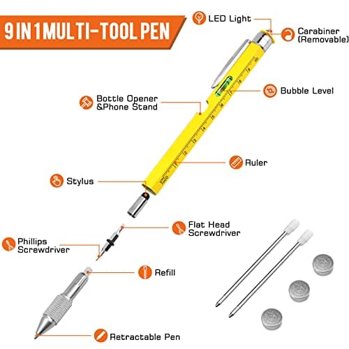 9 in 1 Multitool Pen Set with LED Light, Screwdrivers & Spirit Level – Gadget Pen with Ruler, Stylus & Bottle Opener, 2 Ink Refills — view 2