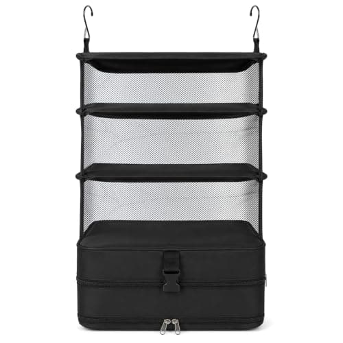 Hbzunt Hanging Suitcase Organiser, Foldable Travel Packing Shelves with Metal Hooks, Portable Hanging Travel Shelves for Wardrobe, M, Black