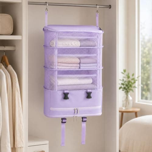 FERNVALE Hanging Travel Storage Bag 5-Layer Large Capacity Foldable Suitcase Organizer Portable Hanging Toiletry Bag with Steel Frame Heavy Duty Closet Wardrobe Storage for Home Hotel & Dorm (Purple) — view 5