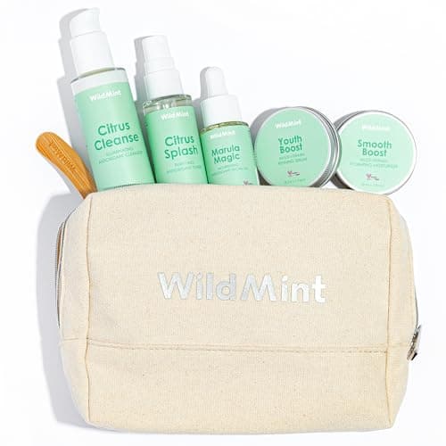 WildMint Mini 5-Step Clear Skin Gift Set | Travel Size Cleanser, Toner, Serum, Face Oil, Moisturiser & Bag | Gifts for Mum, Friends & Daughter | Natural Skincare UK Dark Spots & Dryness (Travel-Size)
