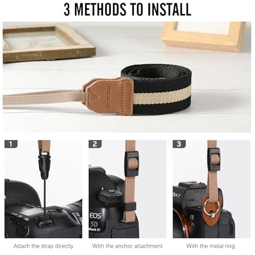 MoKo Camera Strap, Cotton Woven Camera Strap, Adjustable Universal Neck & Shoulder Strap for Video Camcorder, Binoculars, and Nikon/Canon/Sony/Minolta/Panasonic/SLR/DSLR Digital Cameras, Black & Beige — view 3