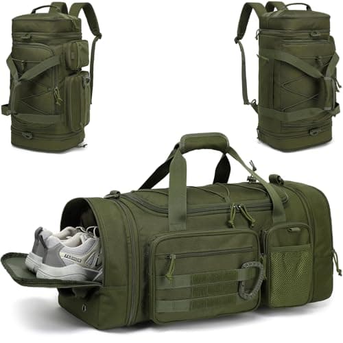 Tonruyn Tactical Duffle Bag Backpack for Men 40-45L Expandable Military Travel Duffel & Sports Holdall Gym Bag with Shoe Compartment Wet Pocket Medium Weekender Overnight for Camping Luggage, Green